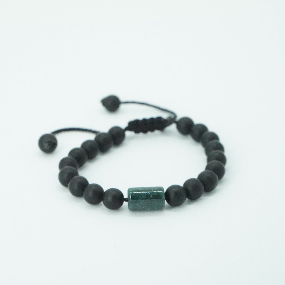Dark Green Jade Bracelet - Obsidian Beaded - Adjustable