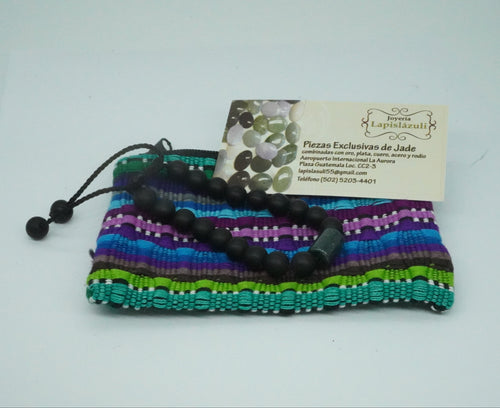 Dark Green Jade Bracelet - Obsidian Beaded - Adjustable